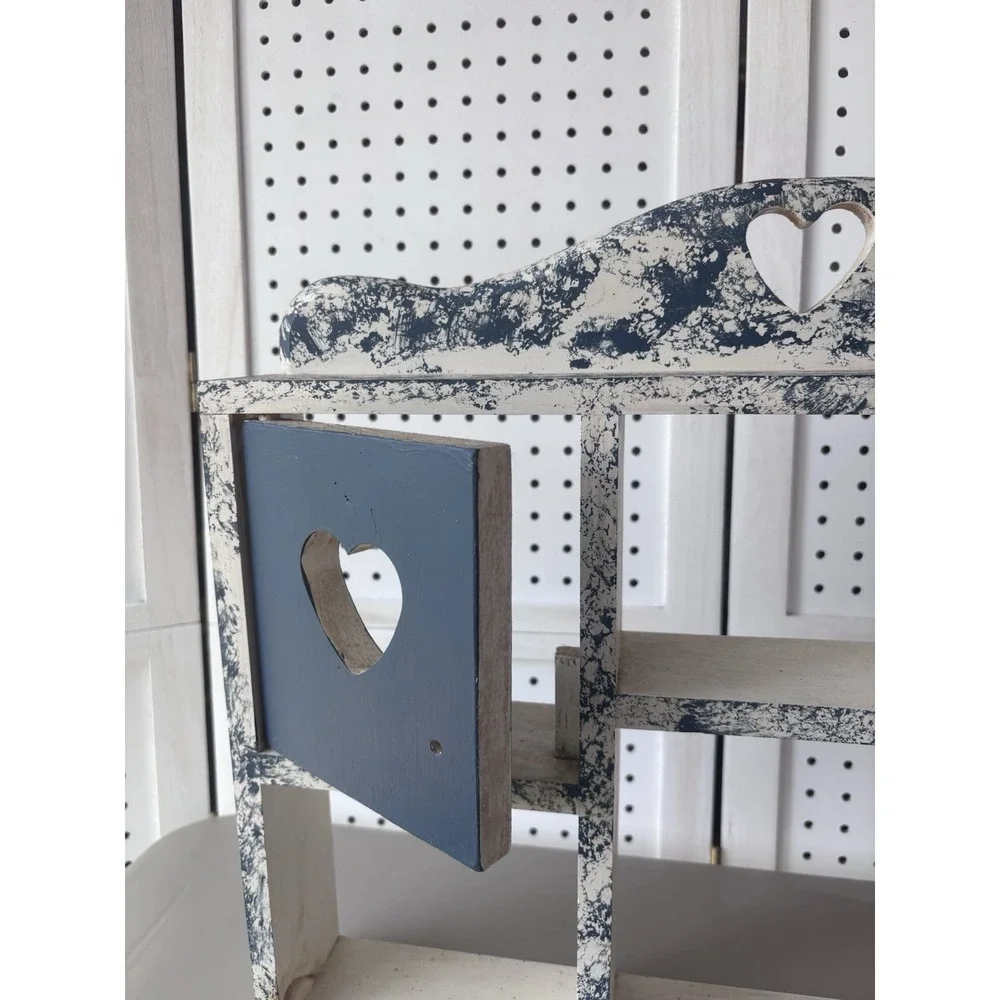 Wooden Heart Cutout Wall Trinket Shelf Rustic Painted Cottacore Blue Ivory